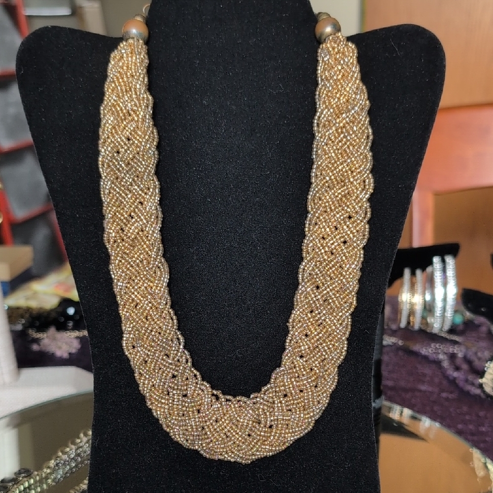 Seed Bead Goldtone Braided Necklace 4" Extender